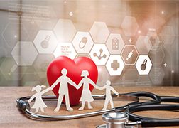 Medical Stethoscope with Heart and paper family isolated on back